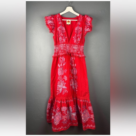 FARM Rio Sz Medium Red Lace Floral Maxi Tiered Dress - Picture 3 of 8